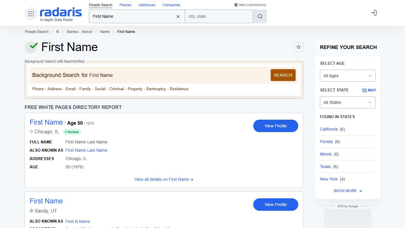 First Name - Age, Phone Number, Contact, Address Info, Public Records Radaris